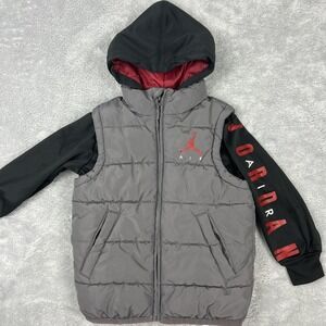 Air‎ Jordan Layered Look Hybrid Jacket Boys 4 Gray Black Logo Hooded Warm Wear